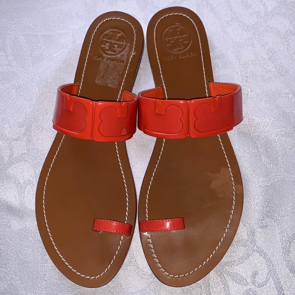 TORY BURCH Marcia Patent Toe-Ring Sandal, Brilliant Red Size 10.5M